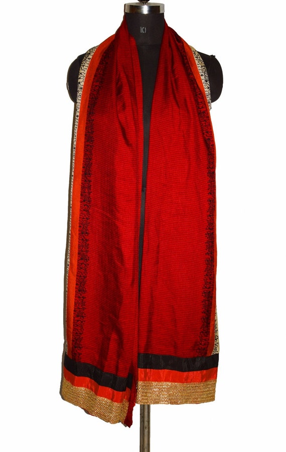 Indian Vintage Dupatta Mustard Long Stole Organza Embroidered Scarves Veil Soft Floral Design main image 1