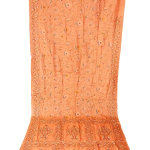 Vintage Beautiful Indian Kantha West Bengal Saree 100% Pure Silk Orange Antique Saree Flower Hand Embroidery Thread Work Sarong Fabric Sari