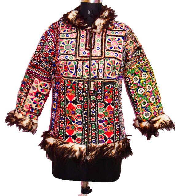 Vintage Banjara Kuchi Handmade Embroidery Mirror Work Boho Gypsy Tunic Hippie Traditional Antique Afghan Patch Unique Outlet Faux Fur Jacket