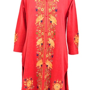 Ethnic Indian Kashmiri Vintage Long Red Dress Cashmere Pure Wool Floral Hand Embroidered Coat Boho Antique Kurta Paisley Stitching Romantic