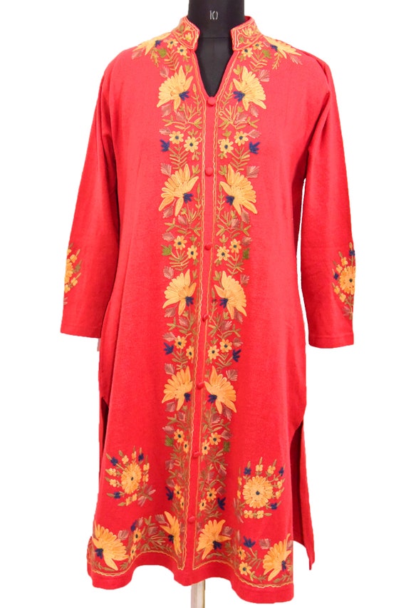 Ethnic Indian Kashmiri Vintage Long Red Dress Cas… - image 1