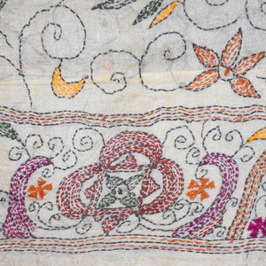Authentic Vintage Indian Kantha West Bengal Saree 100% Pure Silk Saree Allover Handmade Embroidery Thread Work Indian Sarong 5YD Fabric Sari