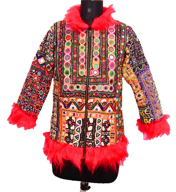 Antique Banjara Vintage Kuchi Handmade Embroidery Mirror Work Boho Gypsy Tunic Hippie Traditional Afghan Patch Outlet Faux Fur Unique Jacket