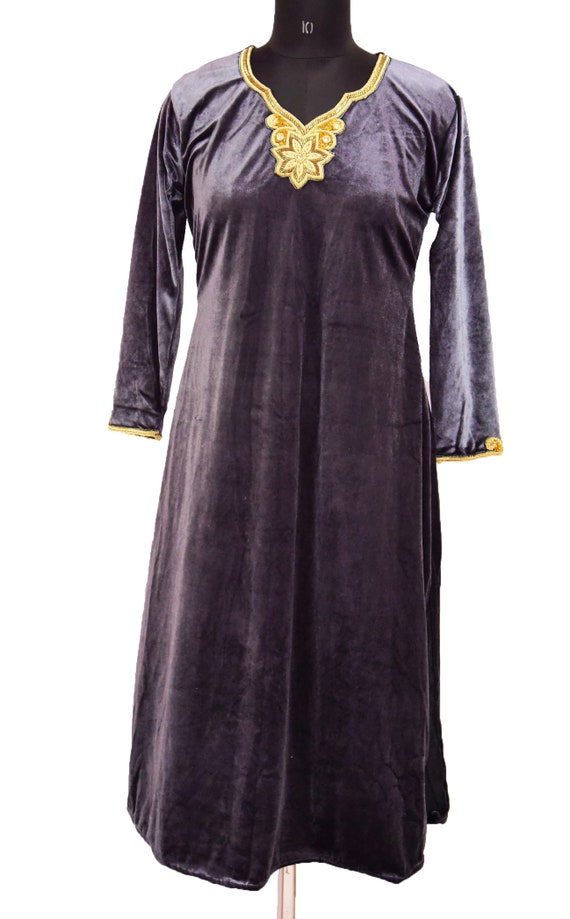 Amazing Vintage Indian Velvet Royal Grey Dress Tra