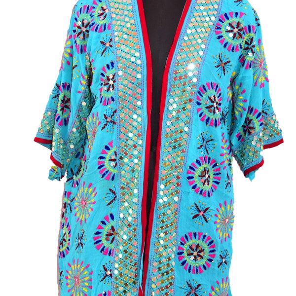 Amazing Vintage Boho Indian Punjab Phulkari Old Dupatta Jacket Kaftan Jacket Flowe Hand Embroidered Kimono Embellished Evening Long Jacket