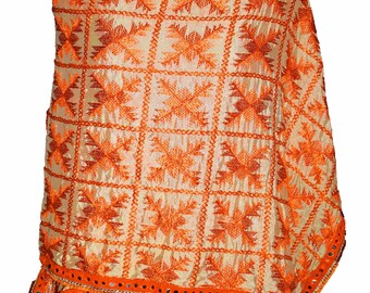 Vintage Indian Punjabi Stole Cream Color Scarf Long Orange Hand Embroidered Wrap Phulkari Dupatta Veil Hijab Fabric Georgette Style Punjabi