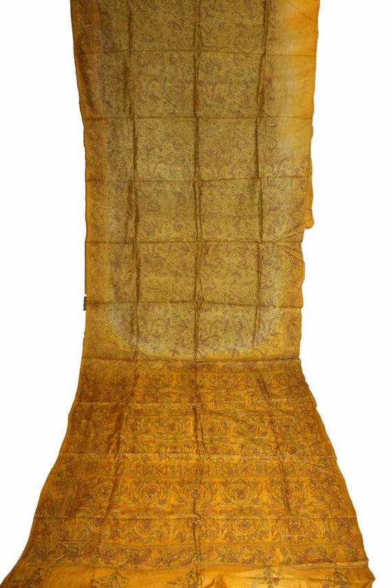 Vintage Amazing Printed West Bengal Saree Fabric Handmade 100/% Pure Silk Saree Floral Kantha Embroidery Thread Work Indian Sarong 5YD Sari.