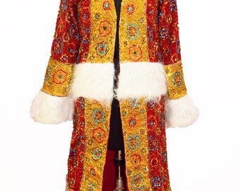 Beautiful Indian Boho Music Festival Look Vintage Red Jacket Beaded Embroidered Old Work Banjara White Faux fur Party Wear Long Coat Jacket