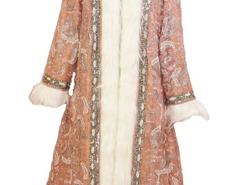 Beautiful Indian Boho Party Wear White Faux fur Coat Vintage Pink Jacket Beaded Embroidered Banjara Music Festival Look Long Coat Jacket