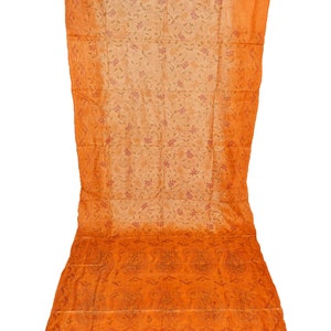 Ethnic Beautiful Indian Kantha West Bengal Vintage Saree 100% Pure Silk Orange Saree Flower Hand Embroidery Thread Work Sarong Fabric Sari