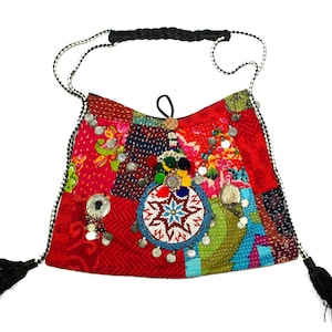 Antique Banjara Clutch Bag. Banjara Handcrafted Kantha Embroidery Work Clutch. Vintage Banjara leather bandolier Bag. Vintage Coin Women Bag