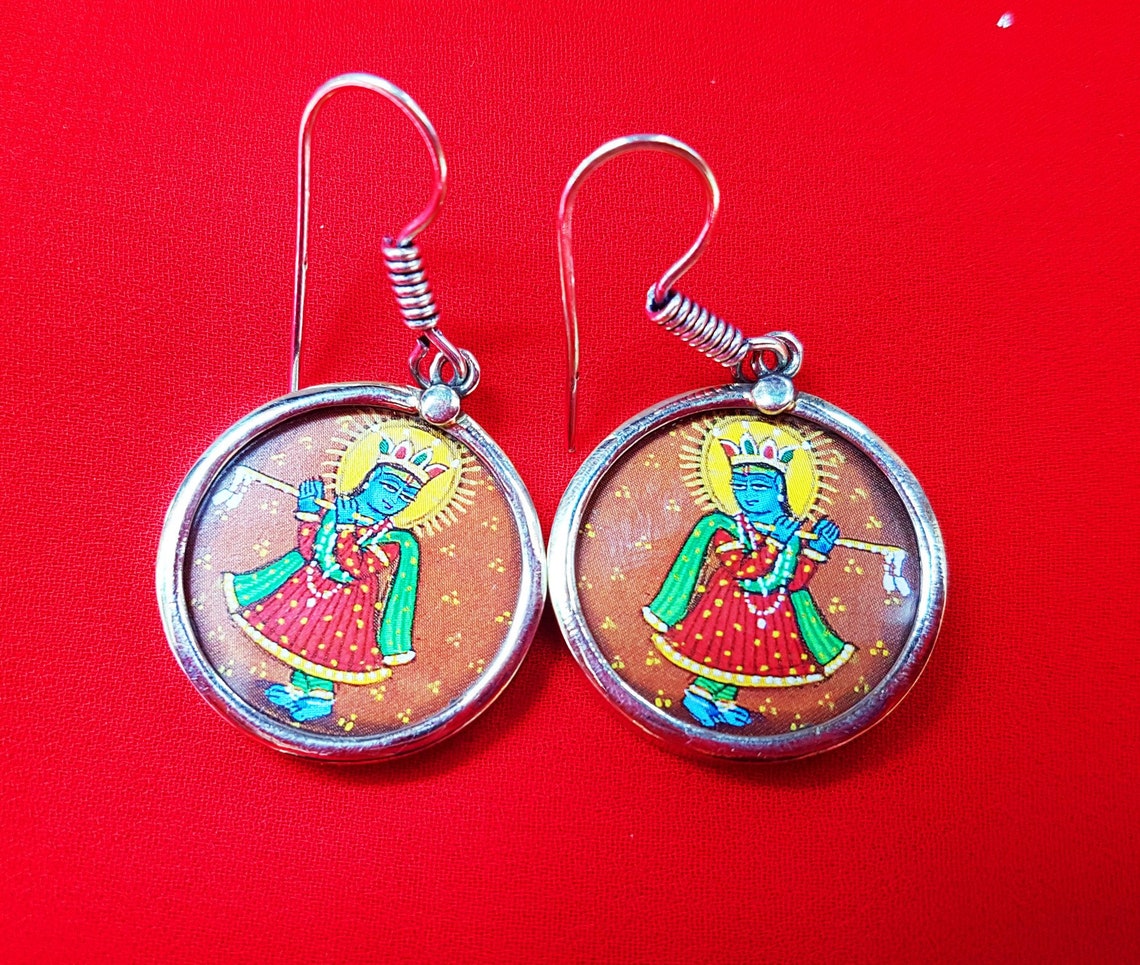 Handmade painted Krishna pendant with sterling silver base and Etsy