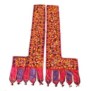 Banjara Vintage Gujarati Doorway Decor, Wall Hanging, Handmade Embroidery Mirror Work Pair L Door Hanging Toran Shape, Ahir Home Decoration