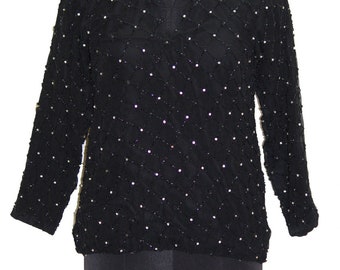 Vintage Dampärlklänning 80-talsklänning Svart Vintage Sidenblus Kortärmad Topp Medium Festkläder Kväll Klassisk Flapperklänning Adrianna Papell Storlek M