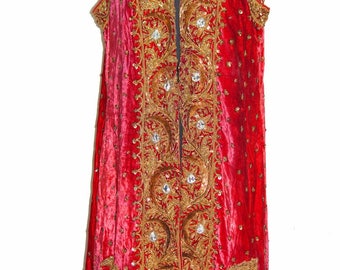 Rich Antique Vintage Pakistan Rajasthani Afghani Very Very Old 100 % Real Gold Polish EmbroideredWork Red Velvet 1950s Indian Prince Jacket