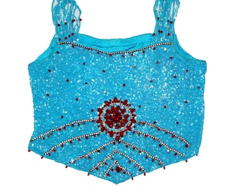 Vintage Womens Beaded 80s Heavy Tops Sky Blue Silk Blouse Short Sleeve Top Medium Formal Wear Evening Classic Flapper Adrianna Papell Size S
