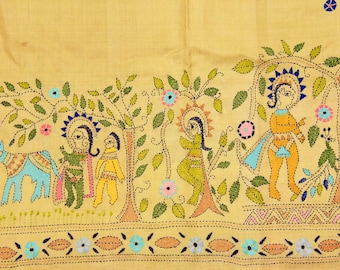 Vintage Beautiful Indian Ethnic Kantha West Bengal Party Wear Saree Cotton Silk Antique Rajput Wedding Handmade Embroidery Work Sarong Sari