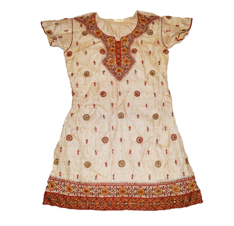 Vintage Antique Indian Wedding Kurta Top Lucknow Hand Old Handmade Beaded Embroidery Work Long Of White Color 100/% Pure Silk Tunic Kurta