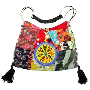 Antique Banjara Clutch Bag. Banjara Handcrafted Kantha Embroidery Work Clutch. Vintage Banjara leather bandolier Bag. Vintage Coin Women Bag