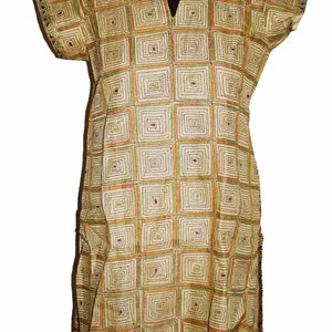 Antique Indian West Bengal Vintage Kurta Top Lucknow Beautiful Kantha Handmade Embroidery Work Long White Color 101% Pure Silk Tunic Kurta