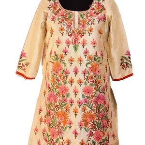 antique Eastern Indian Kashmiri Crewel Embroidery Kurta/ Boho Vintage Hand Floral Embroidery / Wool / Cream to School  /Girl&#39; Long Dress Top