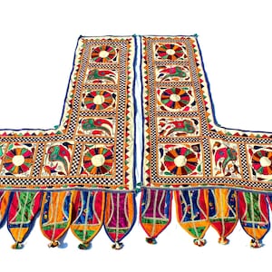 Antique Vintage Banjara Indian Gujarati Wall Hanging, Handmade Embroidery Mirror Work Pair L Door Hanging Toran Shape, Ahir Home Decoration