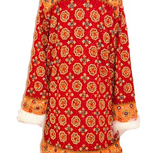 May include: A red sequined jacket with a white fur collar and cuffs. The jacket is covered in a repeating pattern of orange, blue, and gold sequins.