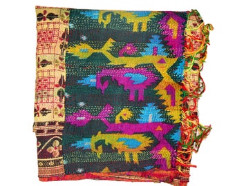 Antiguo vintage indio Kantha bordado a mano trabajo artesanía Patola tela 100% pura seda Dupatta bufanda estola mujeres multicolor bufanda chal