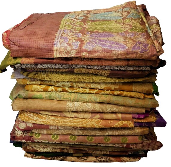 卸売ロット100枚ヴィンテージインド100%ピュアシルク生地サリー手刺繍