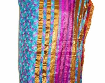 Antique Indian Punjabi Stole Vintage Scarf Long Heavy Hand Embroidered Wrap Phulkari Dupatta Veil Hijab Brocade Zari Border Chiffon Fabric