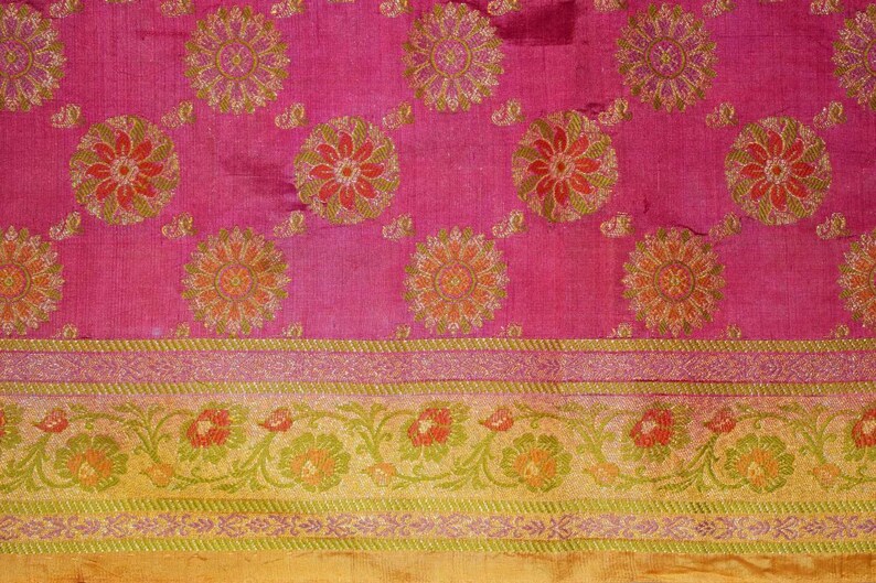 Antique Amazing Indian Vintage 100/% Pure Silk Border Gold Zari Handmade Bollywood Pink Saree Woven Sari Ethnic Used Craft Fabric Wear 5Yard