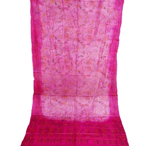 Vintage Beautiful Ethnic Indian Kantha West Bengal Saree 100% Pure Silk Pink Saree Leaves Handmade Embroidery Thread Work Sarong Fabric Sari