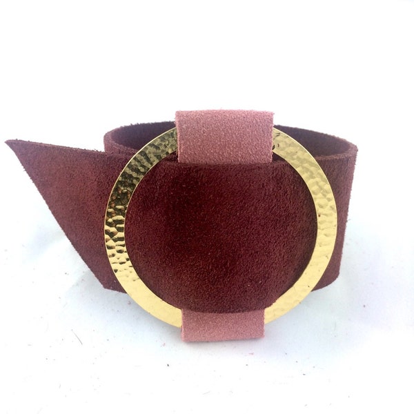 bracelet en cuir daim, nubuck bordeaux et rose