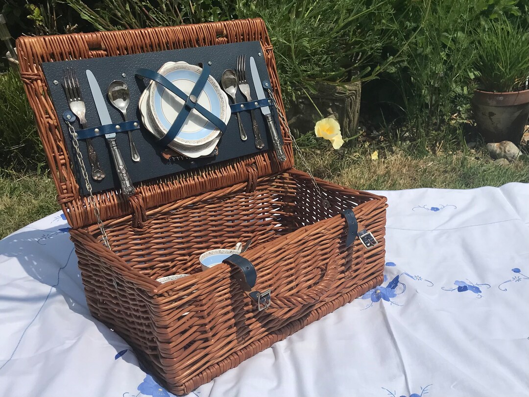 Vintage Wicker Picnic Basket With China, Cutlery & Handmade Tablecloth ...