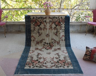 Turkish Rug, 7'x4' rug, Oushak Rug, Blue Rug, Handmade Rug, Vintage Rug, Hand Knotted Rug, Disteressed Area Rug, Bohemian Rug, Floor rug