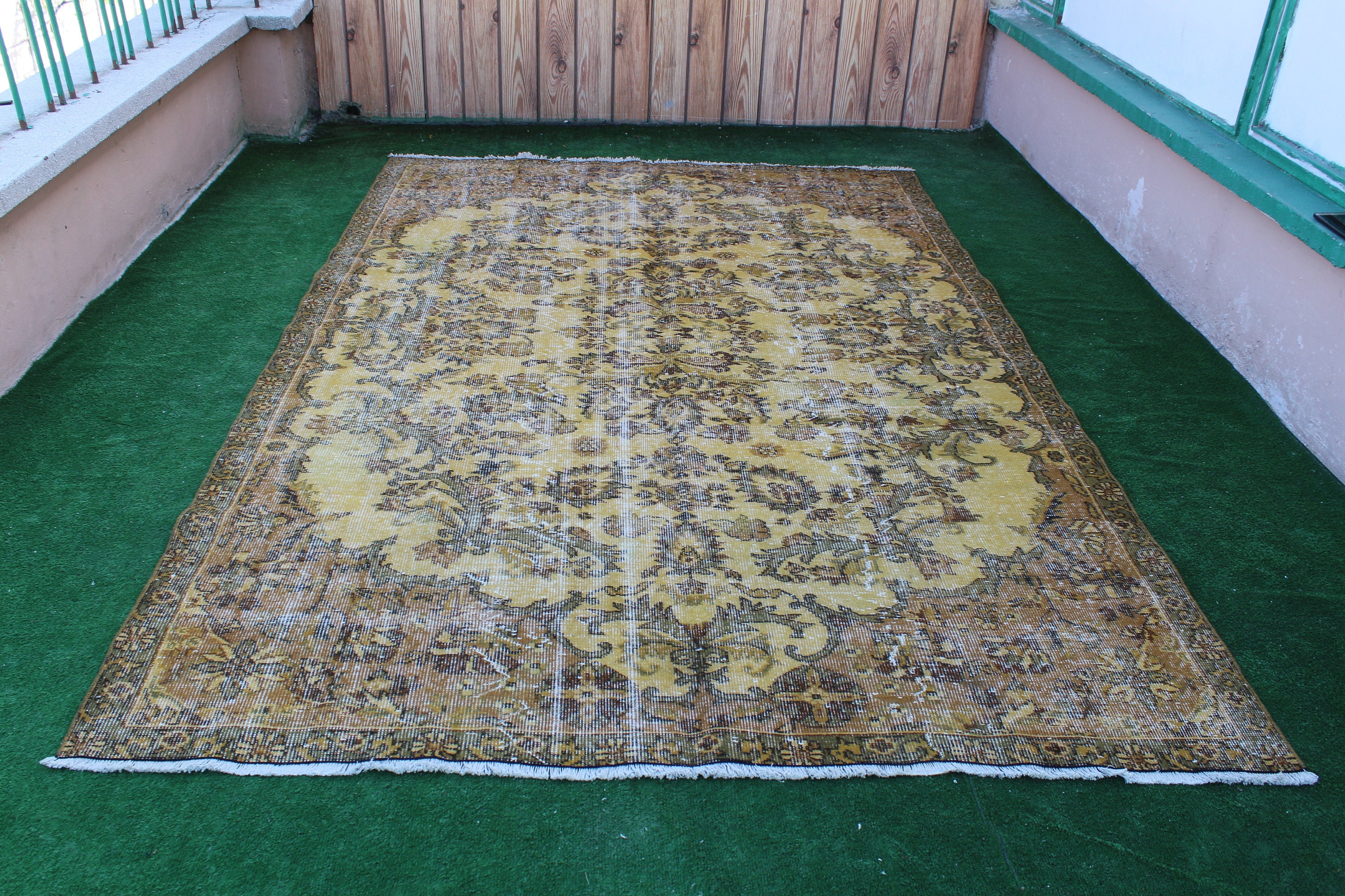 Turkish Large Rug, Large Yellow Rug, Overdyed Yellow Rug, Handknotted ...