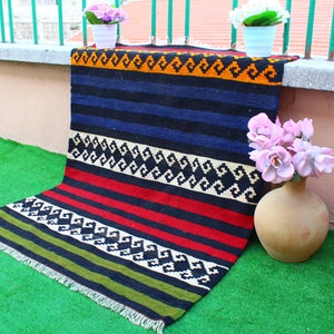 Turkish Kilim Rug,FREE SHIPPING!! 3&#39;x2&#39; feet, Handmade Kilim Rug, Turkish Embroidery Rug, Multi Colored Striped Kilim Rug, Anatolia Area Rug