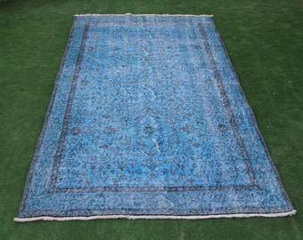 Alfombra azul, alfombra turca, alfombra vintage, alfombra de salón, alfombra Kilim, alfombra azul sobreteñida, alfombra decorativa, alfombra de área, alfombra 4x7, alfombra floral, alfombra de cocina