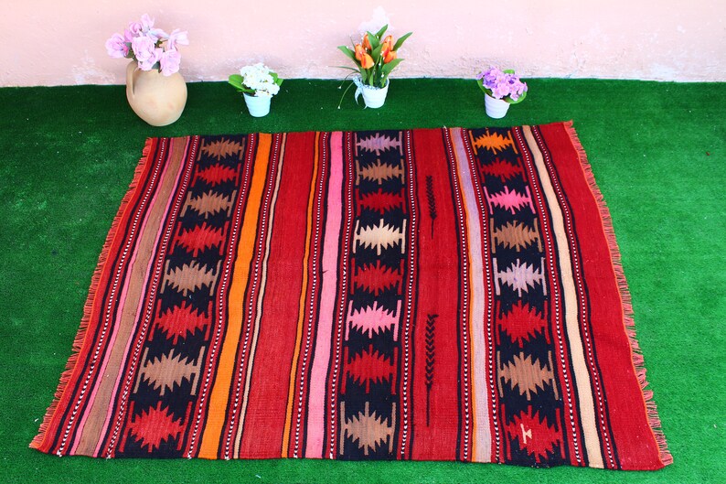 Kelim Rug Turkish Kilim Rug 4/'x3/' ft Handmade Kilim Rug Embroidery Rug FREE SHIPPING! Striped Hand Woven Kilim Rug Colorful Table Rug