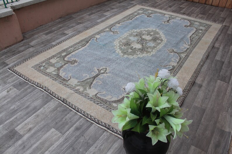 May include: A light blue rug with a beige border and a floral pattern. The rug is on a wooden floor and there is a potted plant in the foreground.