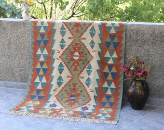 Tappeto Kilim, tappeto turco, tappeto Area, tappeto 4'x6", tappeto di lana, tappeto vintage, tappeto Oushak, tappeto fatto a mano, tappeto Boho, tappeto decorativo, Kilim turco, tappeto
