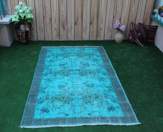 Turkish rug, Turquoise rug, Oushak rug,  4x6 rug, Kilim rug, overdyed rug, area rug, blue rug, decorative rug, office rug, Vintage rug, rug