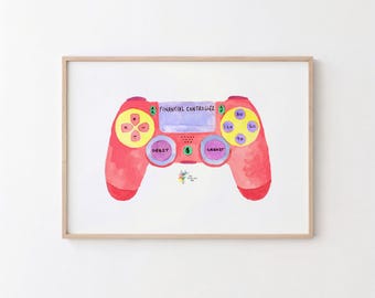 Puede incluir: Una ilustración en acuarela enmarcada de un mando de videojuegos rojo. El panel táctil central dice FINANCIAL CONTROLLER, con botones etiquetados como DEBIT y CREDIT. El mando direccional es amarillo con signos de más y menos, y los botones son amarillos.