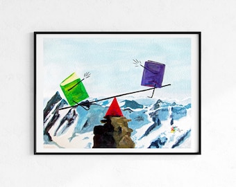 Könnte beinhalten: Ein Aquarellbild von zwei Büchern auf einer Wippe, mit einem roten Dreieck in der Mitte. Die Bücher sind grün und lila und stehen beide auf ihren Enden. Die Wippe ist vor einem schneebedeckten Bergpanorama platziert.
