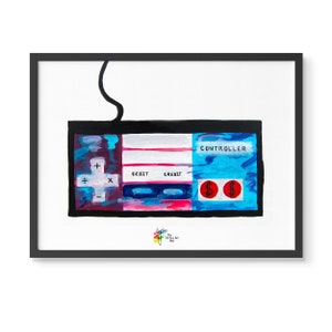 May include: A painting of a video game controller with the words "DEBIT", "CREDIT", and "CONTROLLER" on it. The controller is painted in a blue, red, and white color scheme.