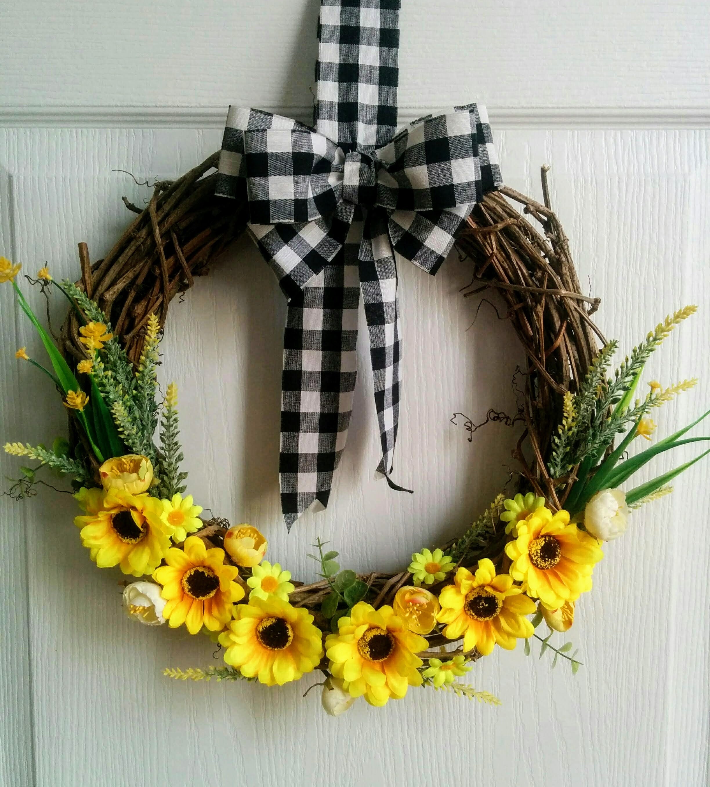 Sunflower wreath farmhouse gingham bows black and white ribbon Etsy