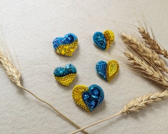 Ukraine Heart Brooch: Blue and Yellow Beaded Pin, Handmade