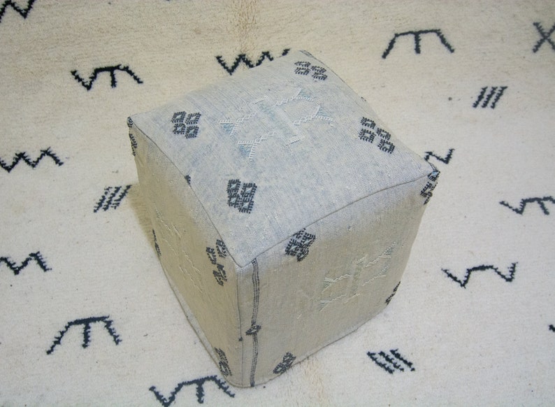 pouf Made from Hand Woven Moroccan Rug Gray Square sabra pouf Cactus Silk Floor footstool,berber square seating Cactus Floor footstool