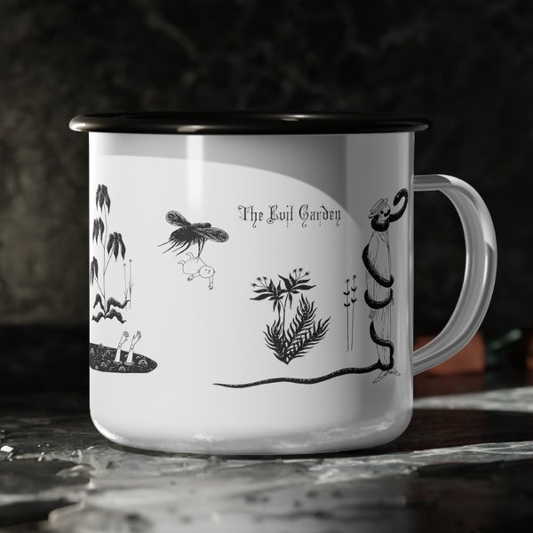 Edward Gorey The Evil Garden Enamel Camp Mug | Edward Gorey Gothic Victorian Art | Botanical Floral Nature Gift