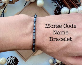 Morse Code Custom Name Bracelet: Hematite Personalised Hidden Name, Christmas Gift